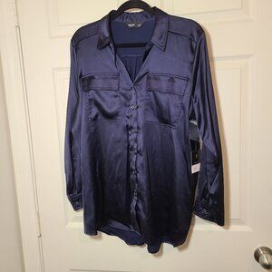 NWT Simply Vera Wang Satin Navy Button up Women's Size Large